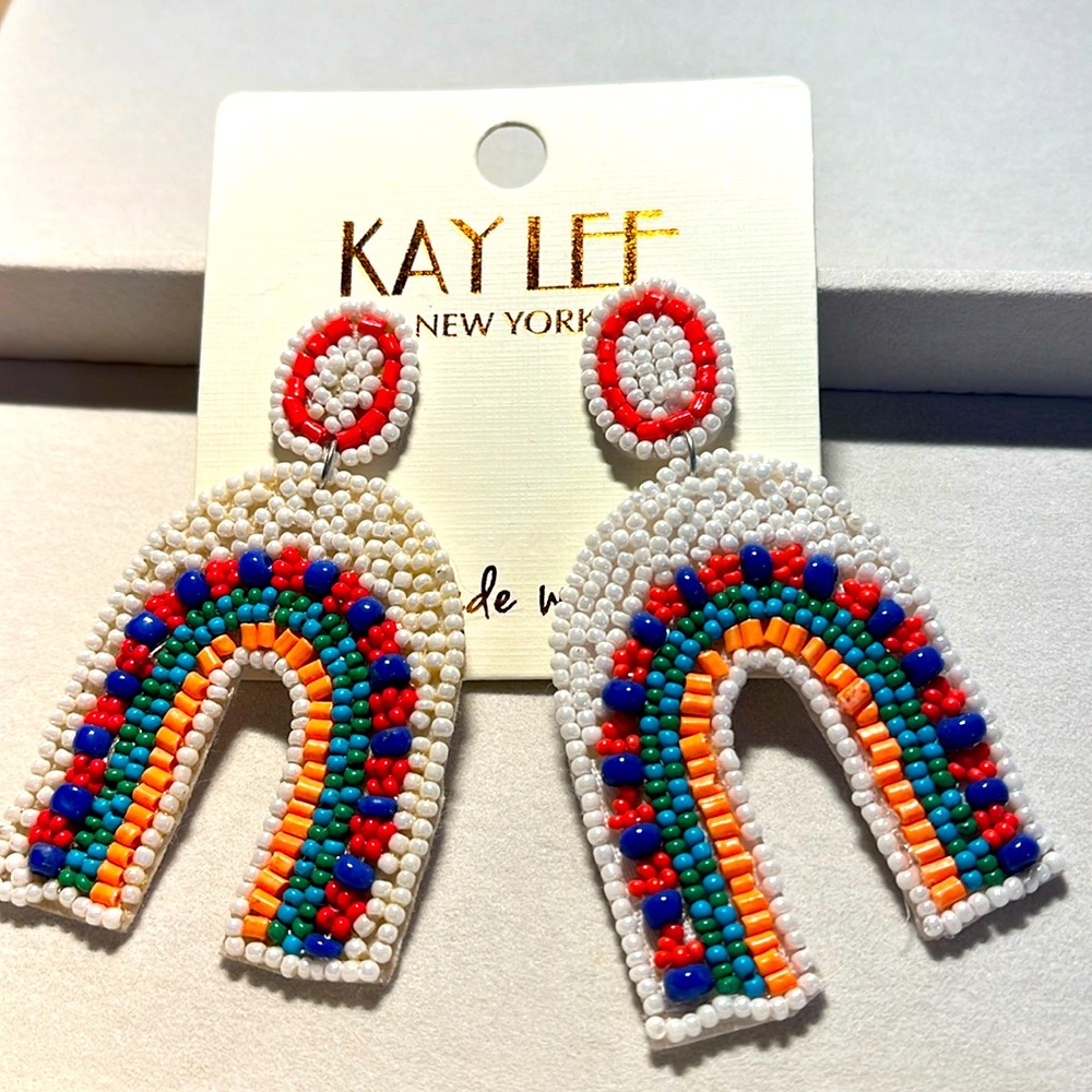 NWT!!! Fun and funky beaded chandelier earrings in white, red,blue & teal!